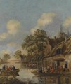 A Riverside Village, With Numerous Figures In Rowing Boats Outside An Inn - Thomas Heeremans