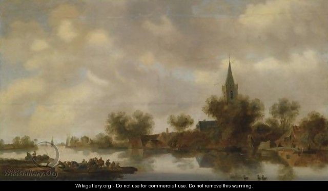 An Extensive River Landscape With Figures In A Ferry Boat, Other Shipping On The River - (after) Jan Van Goyen