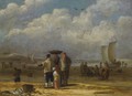 Fishermen And Women Conversing On The Beach, Other Fishermen Unloading Their Catch In The Background - Cornelis van de Velde