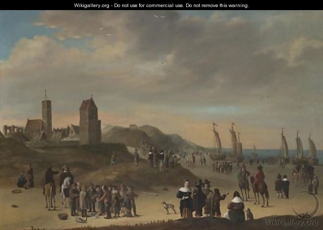 Elegant Figures Strolling On The Beach At Egmond Aan Zee, Sailing Vessels Moored On Shore - (after) Cornelis Beelt