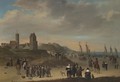 Elegant Figures Strolling On The Beach At Egmond Aan Zee, Sailing Vessels Moored On Shore - (after) Cornelis Beelt