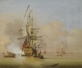 A Small English Man-O' War Firing A Salute With Small Boats Nearby - Cornelis van de Velde