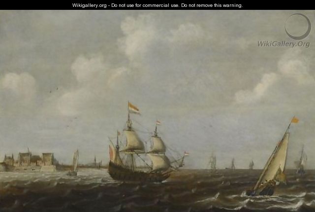 A Dutch Threemaster And Other Shipping In Choppy Waters, A View Of Fort Rammekens Off The Coast Of Vlissingen In The Background - Claes Claesz Wou