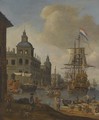 A Capriccio View Of A Mediterranean Harbour With A Dutch Merchant Ship, Elegant Figures On The Quay And Men Unloading Their Ware In The Foreground - (after) Abraham Storck