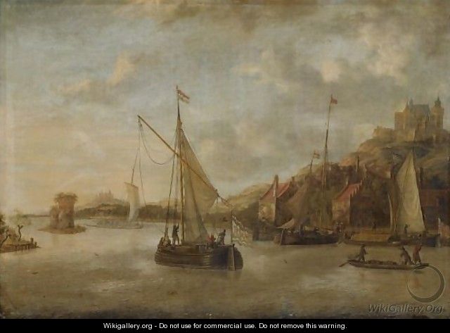 A Dutch Harbour Scene With Sailing Vessels And Other Shipping Near The Coast, With Numerous Figures On The Quayside, A View Of A Castle Beyond - Jacobus Storck