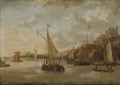 A Dutch Harbour Scene With Sailing Vessels And Other Shipping Near The Coast, With Numerous Figures On The Quayside, A View Of A Castle Beyond - Jacobus Storck