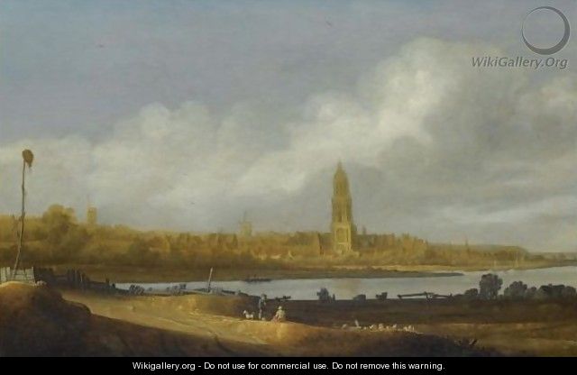 An Extensive River Landscape With A View Of Rhenen, Figures Resting In The Foreground - (after) Jan De The Younger Vos