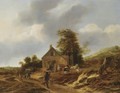 A Dune Landscape With A Peasant Woman Milking Sheep Outside A Farmhouse - Jan Baptist Wolfaerts