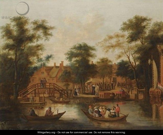 A Wooded River Landscape With A Village With Fishermen And An Elegant Company In A Rowing Boat In The Foreground - Willem Van Drielenburgh