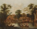 A Wooded River Landscape With A Village With Fishermen And An Elegant Company In A Rowing Boat In The Foreground - Willem Van Drielenburgh