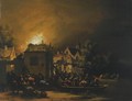 A Fire In A Village At Night With Villagers Trying To Extinguish It - Egbert Lievensz. Van Der Poel