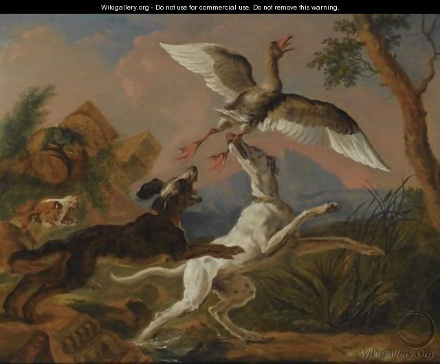 Three Hounds Chasing A Nesting Wild Goose In A Hilly Landscape - Abraham Danielsz Hondius