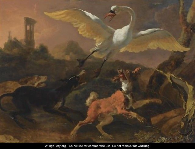 Three Hounds Chasing A Swan In A Landscape, A View Of A Ruin Beyond - Abraham Danielsz Hondius