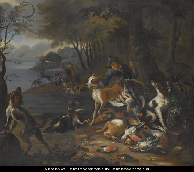 A Wooded Landscape With Huntsmen And Their Hounds On The Banks Of A Lake - Adriaen de Gryef