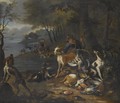 A Wooded Landscape With Huntsmen And Their Hounds On The Banks Of A Lake - Adriaen de Gryef