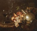 A Still Life Of Pomegranates, Grapes, A Silver Vessel, A Roemer And A Venetian Glass On A Marble Table Draped With A Cloth - Barend or Bernardus van der Meer