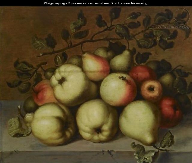 A Still Life With Pears And Apples On A Stone Ledge - Johannes Bouman