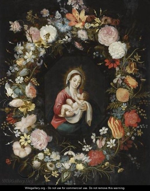 The Virgin And Child In A Garland Of Roses, Forget-Me-Nots, Daisies, Snowdrops, A Lily, A Parrot Tulip And Other Flowers - Isaac Cruikshank
