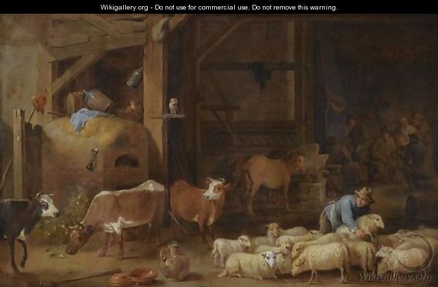 A Barn Interior With A Peasant And His Flock Of Sheep And Cattle - (after) David The Younger Teniers