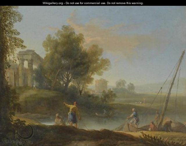 A Fluvial Landscape With Fishermen Unloading Their Nets, Classical Ruins Beyond - (after) Marco Ricci