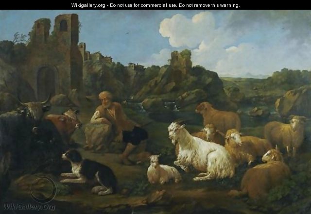 A Landscape With A Herder, Cattle, Sheep And A Dog In The Foreground - Jakob Roos (Rosa Da Napoli)