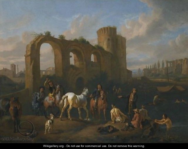 A Roman Landscape With Horsemen And Bathers At A Watering Hole, Architechtural Ruins Beyond - Pieter van Bloemen