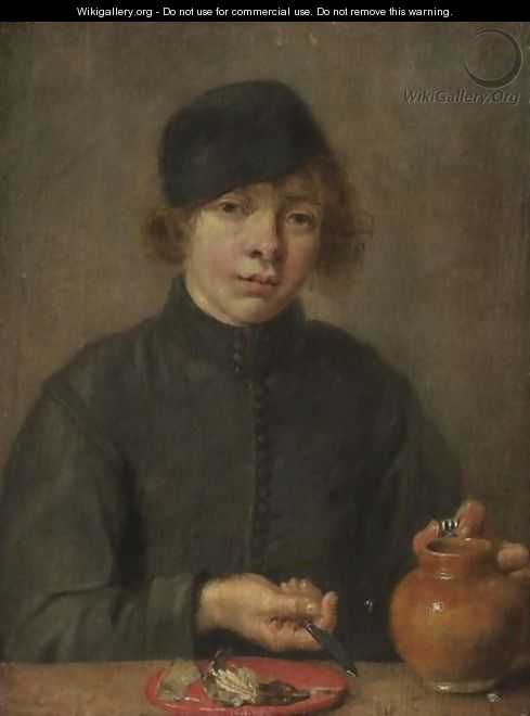 Portrait Of A Boy Wearing A Black Cap And Holding A Knife And An Earthenware Jug - Flemish School