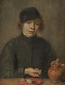 Portrait Of A Boy Wearing A Black Cap And Holding A Knife And An Earthenware Jug - Flemish School