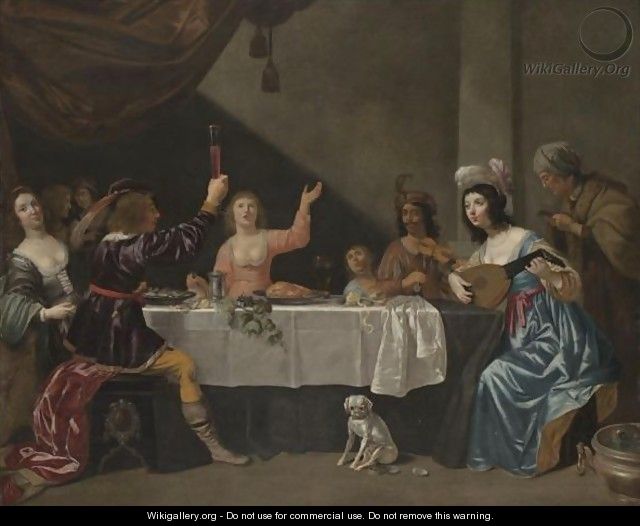 An Interior Scene With Musicians And Elegant Figures Dining - (after) Jan Van Bijlert