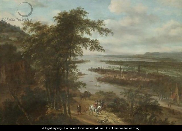 An Extensive River Landscape With Huntsmen In The Foreground, A Town Beyond - Dionys Verburgh