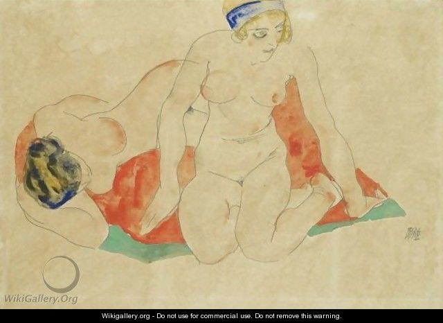 Reclining And Seated Female Nudes On A Red And Green Cloth - Egon Schiele