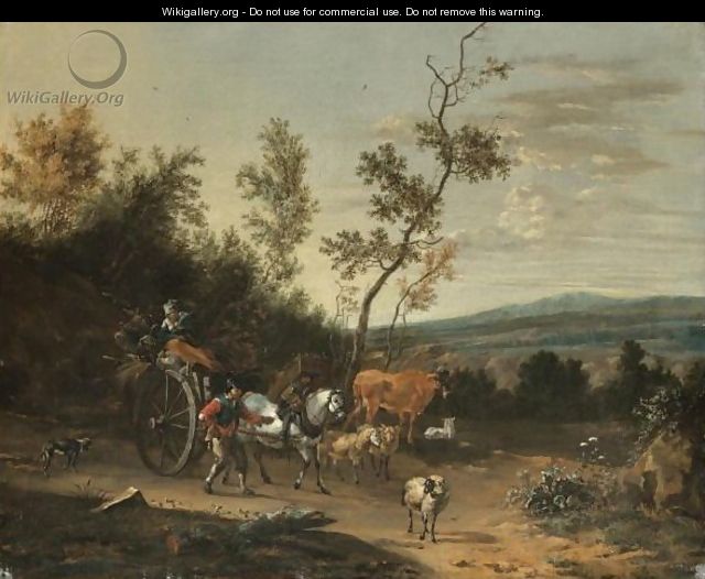 Travellers With A Horse And Cart Passing Through An Extensive Landscape - Jan Van Der Bent