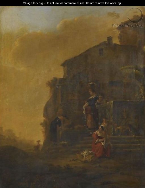 An Italianate Landscape With Washerwomen In The Foreground - Thomas Wyck