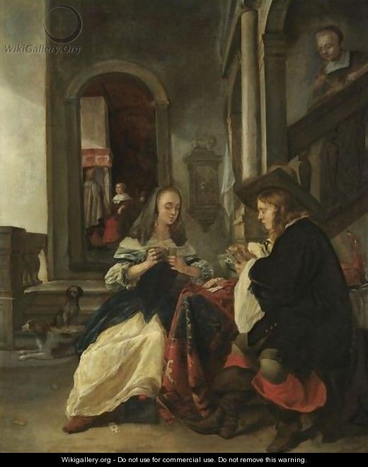 An Elegant Couple Playing Cards - (after) Gabriel Metsu