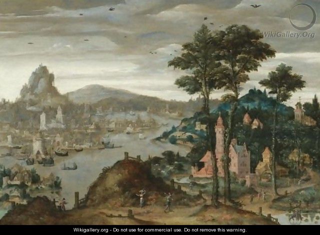 A Fantasy Mountainous River Landscape With Ships Moored Before A Distant City - (after) Lucas Gassel