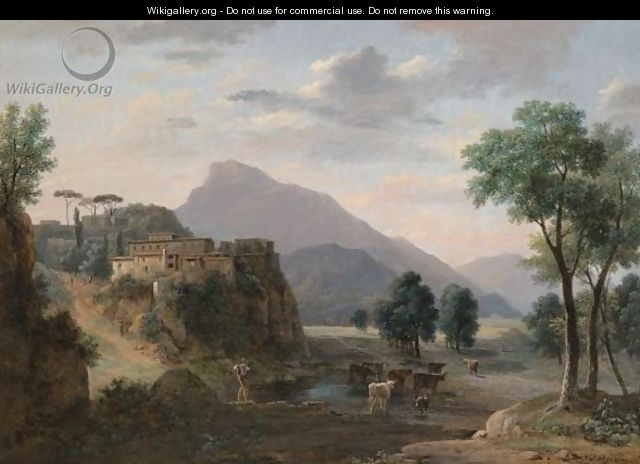 An Italianate Landscape With A Herder And His Cows Before A Hilltop Town - Jean-Victor Bertin