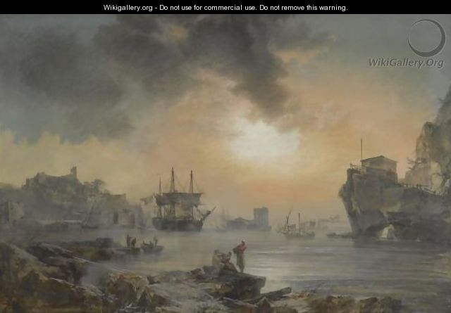 A Harbour Scene With Figures Cavorting In The Foreground And Ships Docking Beyond - Alexandre-Jean Noel
