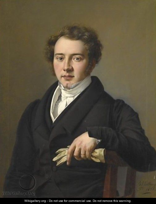 Portrait Of A Young Man, Half Length, Wearing Black Jacket And Holding A Pair Of Gloves - Josef Bartholomeus Vieillevoye
