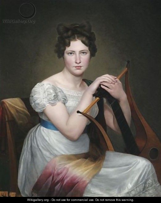 Portrait Of A Young Lady, Seated, In A White Dress, Holding A Lyre - Adele Romany