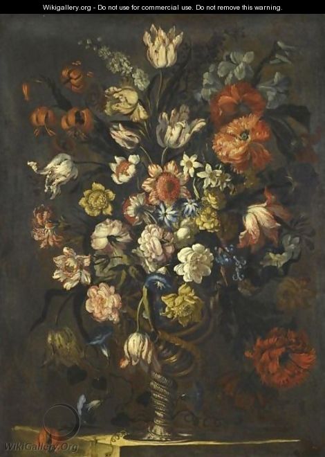 A Still Life With Parrot Tulips, Carnations, Roses And Other Flowers In A Sculpted Urn Over A Stone Ledge - Roman School