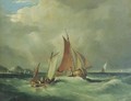 Fishing Boats On An Open Seas, Mountainous Coastline Beyond - (after) Frederick Calvert