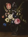Still Life With A Rose, A Tulip, A Cornflower, Morning Glory, Primuli And Other Flowers In A Glass Vase On A Ledge - Maria Theresia Van Thielen