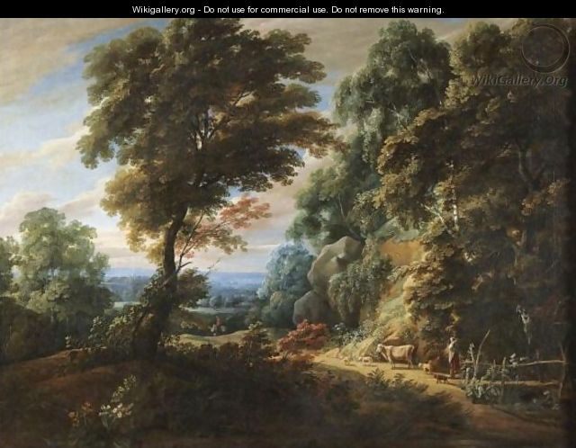 A Wooded Landscape With A Shepherdess Passing A Steep Bank, Probably On The Edge Of The Foret De Soignes - Jaques D