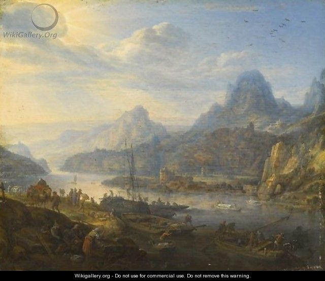 An Extensive Rhenish River Landscape With Barges And Mountains Beyond - Herman Saftleven