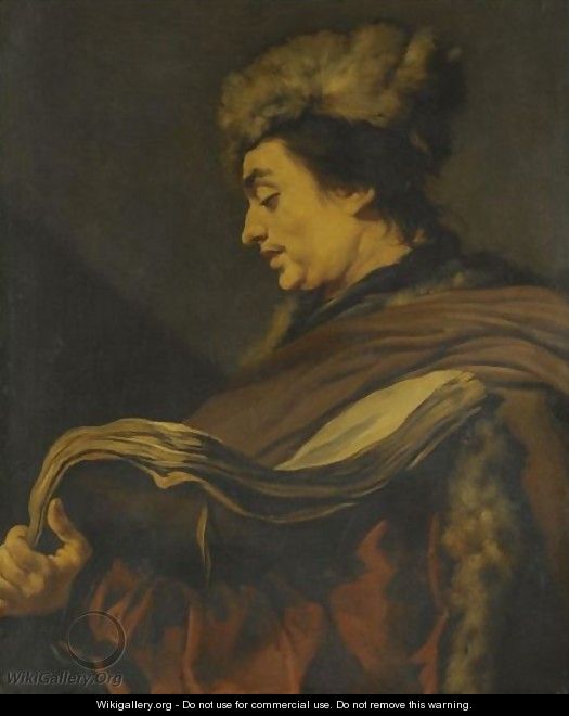 Profile Of A Man Wearing A Fur Hat And A Fur-Lined Coat, Holding A Book - Claude Vignon