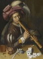 A Young Man Playing The Flute, Before A Table Set With Various Smoking Implements And A Deck Of Cards - South Netherlandish School