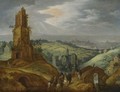 Landscape With Travellers On Horseback Beneath A Ruined Tower, A Distant City Beyond - Tobias van Haecht (see Verhaecht)