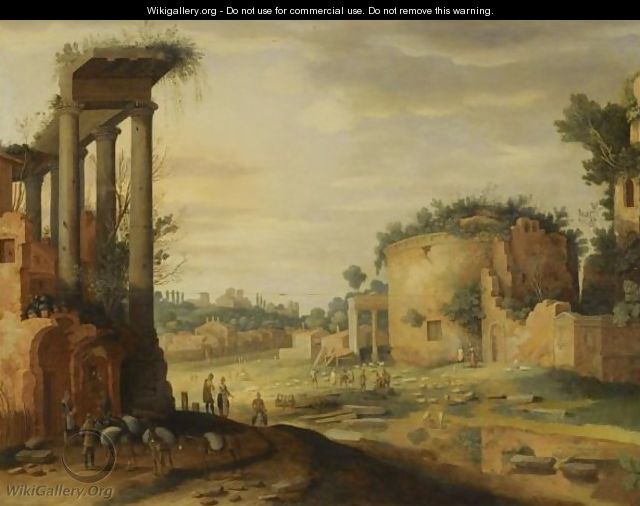 A Capriccio Italianate Landscape With Travellers By Classical Ruins In The Foreground - Willem van, the Younger Nieulandt