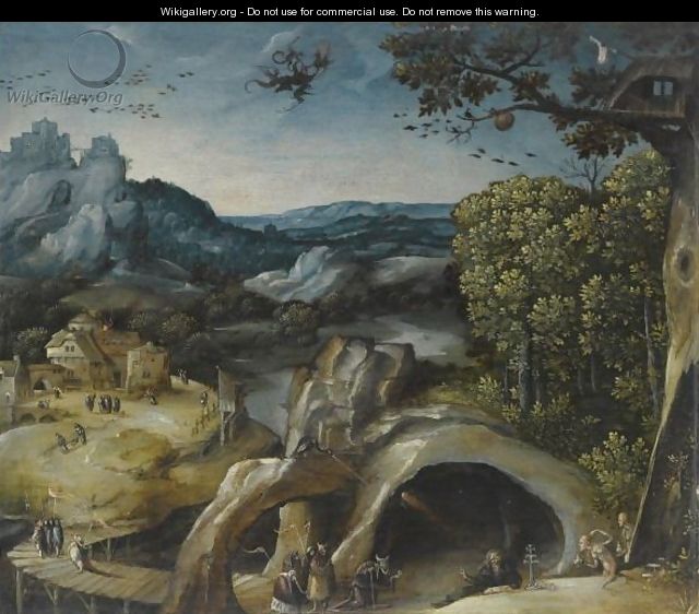 An Extensive Landscape With The Temptation Of St. Anthony - (after) Lucas Gassel