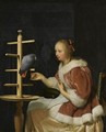 A Young Woman In A Red Jacket Feeding A Parrot - Frans van Mieris